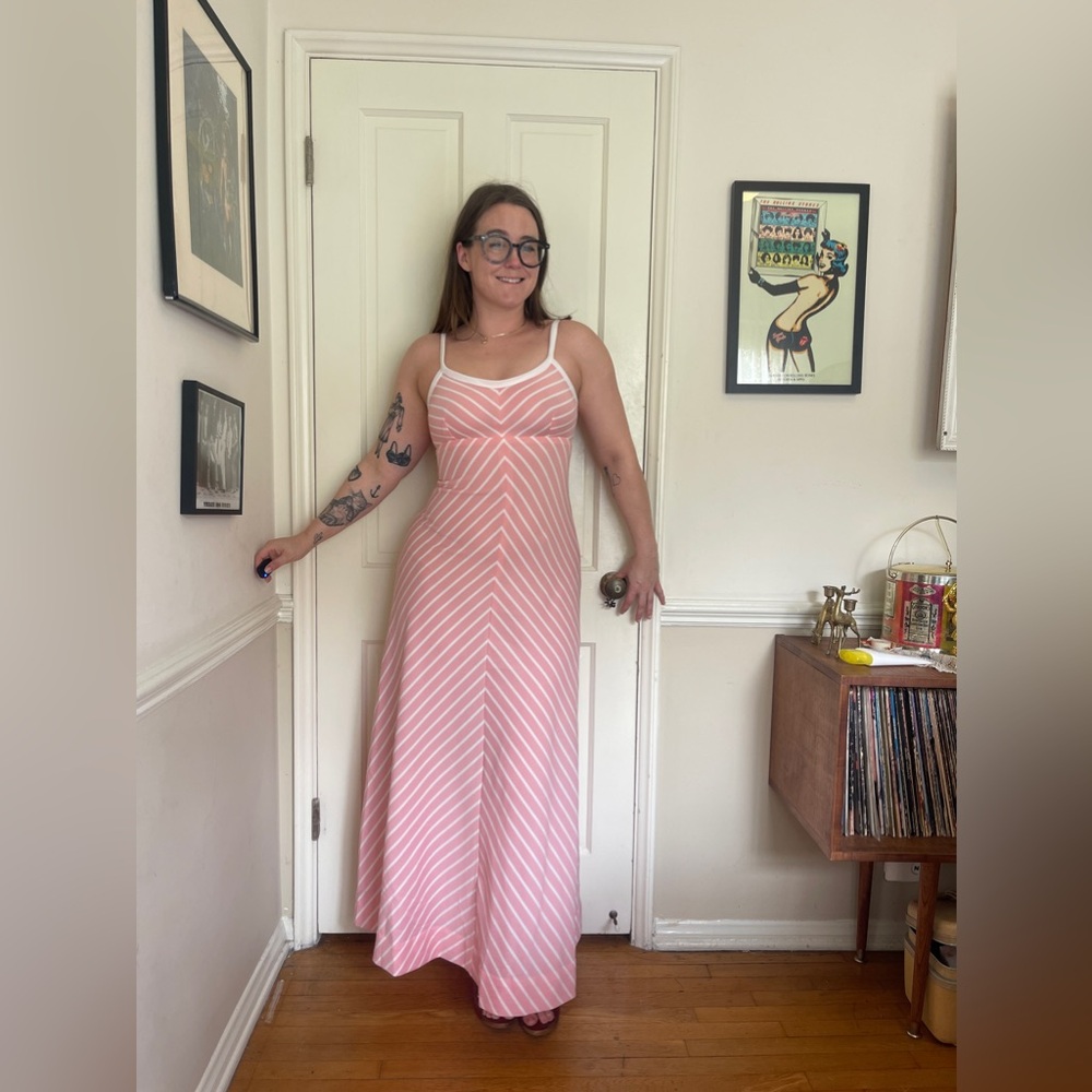 70s Vintage Pink and White Striped Dress - Picture 1 of 7